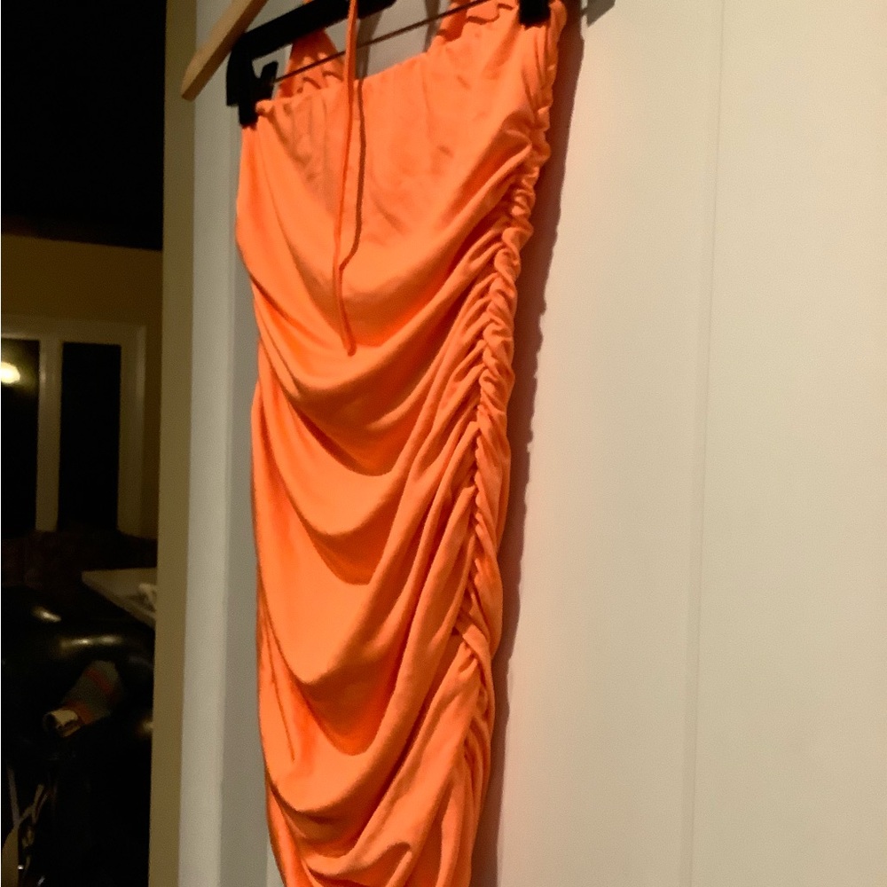 Orange Ruched Halter Mesh Dress - Picture 3 of 6